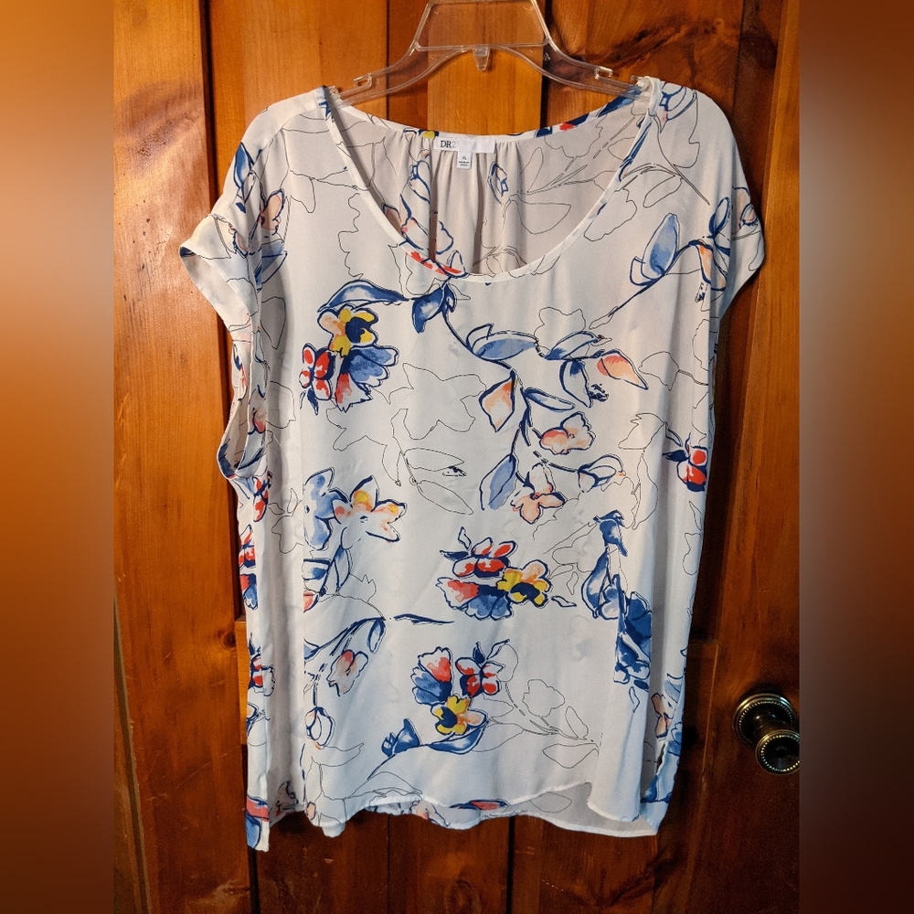 DR2* floral cap sleeve blouse tunic top side slit round neck